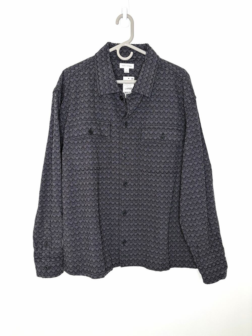 Sun + Stone Theo Jacquard Overshirt Mens Sz L Navy 100% Cotton Preppy Casual NWT